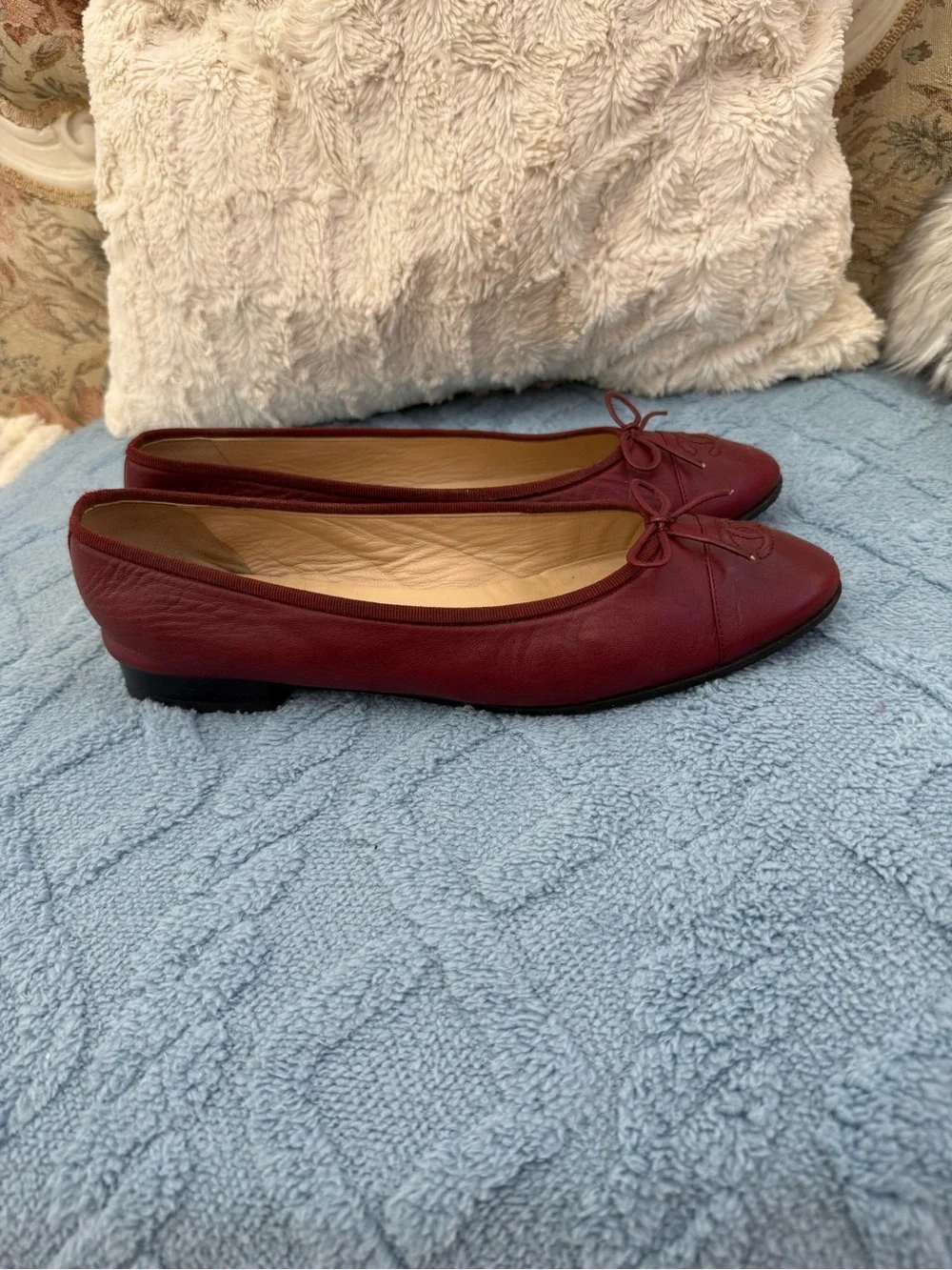 CHANEL Burgundy Leather Ballet Flats with CC Toe Emblem